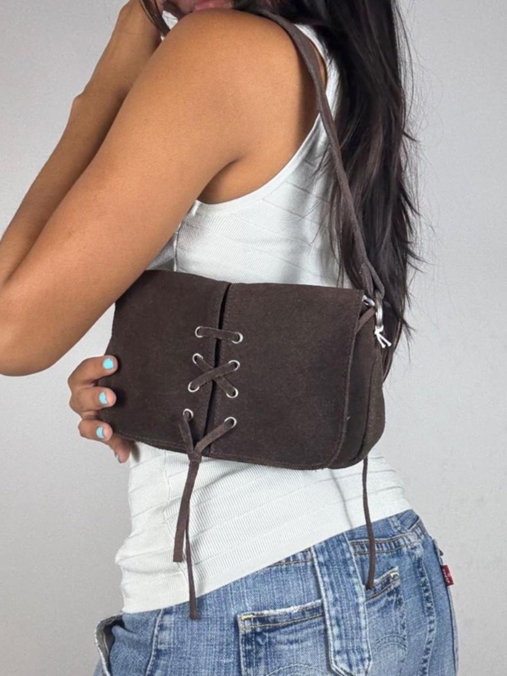 Y2k American eagle Brown genuine leather suede mini bag